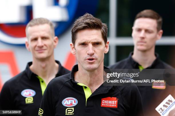 Field Umpire, Matt Stevic speaks to the media during the 2023 Grand FInal Umpires Announement at AFL House on September 27, 2023 in Melbourne,...