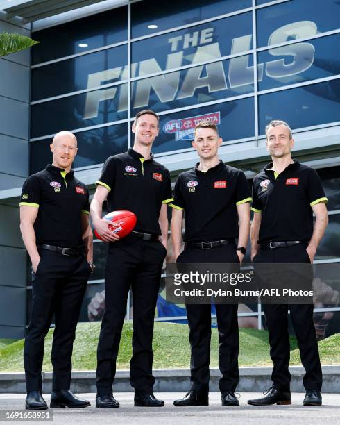Boundary Umpires Christopher Gordon, Matthew Tomkins, Michael Barlow and Ian Burrows pose for a photo during the 2023 Grand FInal Umpires Announement...