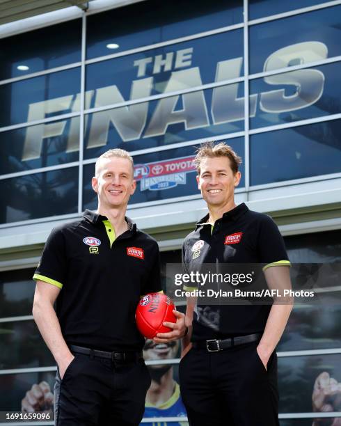 Field Umpires and Grand Final debutants Hayden Gavine and Robert Findlay pose for a photo during the 2023 Grand FInal Umpires Announement at AFL...