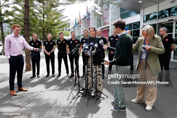 Laura Kane, Acting Executive General Manager Football of the AFL speaks to the media during the 2023 Grand FInal Umpires Announement at AFL House on...