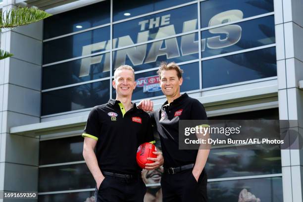 Field Umpires and Grand Final debutants Hayden Gavine and Robert Findlay pose for a photo during the 2023 Grand FInal Umpires Announement at AFL...