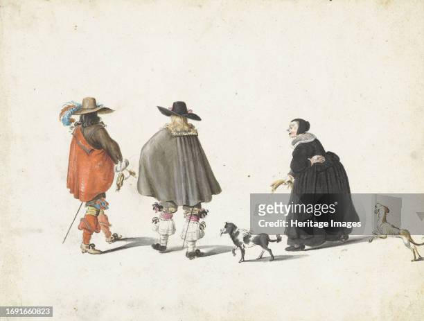 Woman in black, accompanied by two dogs, talking with two gentlemen, 1654-1655. Creator: Gesina ter Borch.