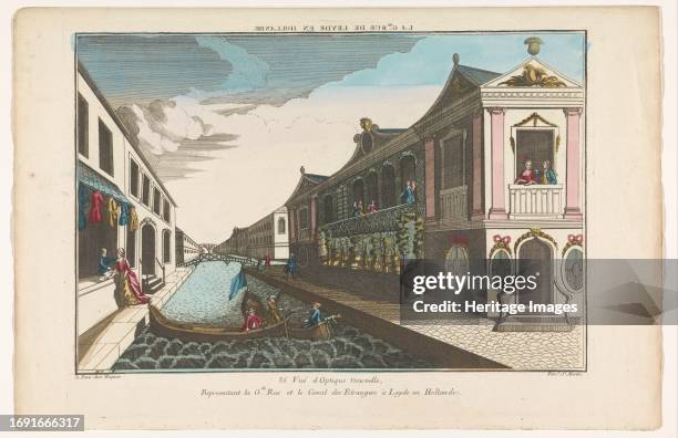 View of a street on a canal in Leiden, 1735-1805. Stalls with merchandise on display. Two rowing boats. Creator: Unknown.