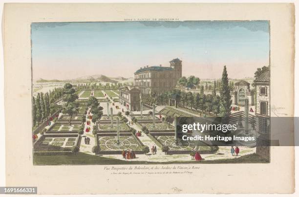 View of the Giardini Vaticani in Vatican City, 1735-1805. On the right the Fontana degli Specchi. In the middle the Casina Pio IV. In the foreground...