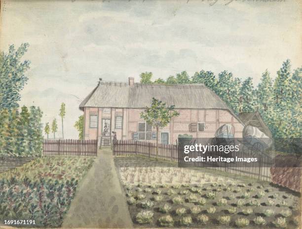 Inn or hunting lodge on the Montferberg, 1770-1778. Half-timbered building with thatched roof and vegetable garden, near Doetinchem. Two covered...