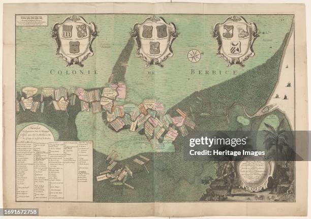 Accurate Map of the state and the course of Rio de Berbice. Located with the same Plantation in the Colony of Berbice, 1742. Map, on two sheets, of...