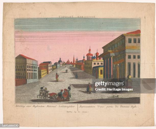 View of a street in Russia, 1780A horse-drawn sled with seven figures in the foreground. Creator: Anon.