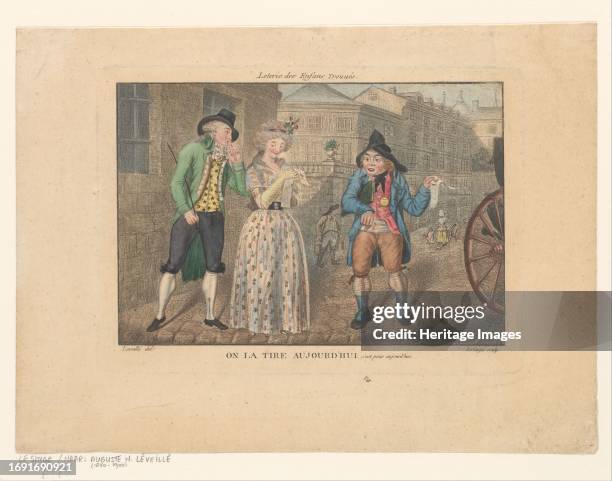 Lottery for Foundlings, 1800-1899. 'On la tire aujourd'hui, c'est pour aujourd'hui'. . Paris: A street vendor sells lottery tickets to a fashionably...