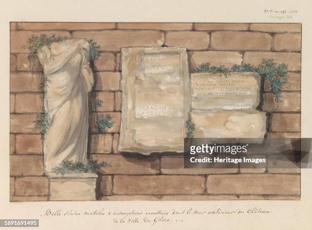 Damaged image and inscriptions bricked into wall of castle in the city of Gozo, 1778. Drawing from the album 'Voyage to Italy, Sicily and Malta'....