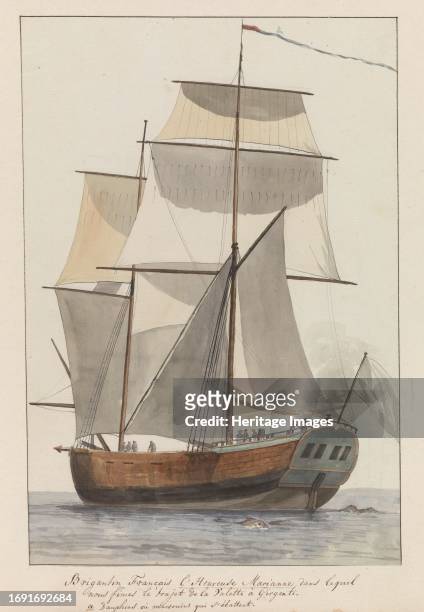 French brigantine ship l'Heureuse Marianne on tour from Valetta to Agrigento, 1778. Drawing from the album 'Voyage to Italy, Sicily and Malta'....