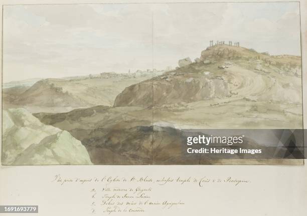 View near the church of Saint Blaise, built on the remains of the temple of Demeter, in Agrigento, 1778. Drawing from the album 'Voyage to Italy,...