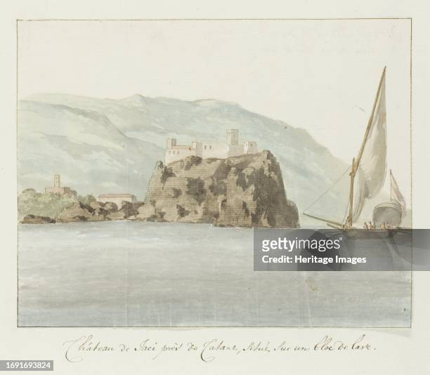Castle of Aci Castello on a lava rock off the coast of Catania, 1778. Drawing from the album 'Voyage to Italy, Sicily and Malta'. Creator: Louis...