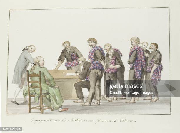 Meeting of sailors of the speronaras from Malta, at Catania, 1778. . Drawing from the album 'Voyage to Italy, Sicily and Malta'. Creator: Louis...