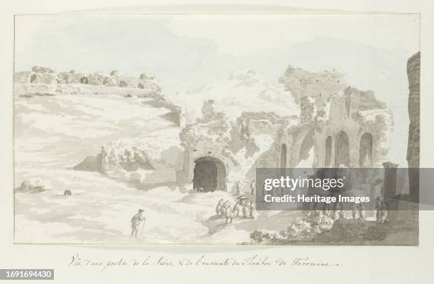 View of part of the stage and wall behind at Taormina theater, 1778. Drawing from the album 'Voyage to Italy, Sicily and Malta'. Creator: Louis...