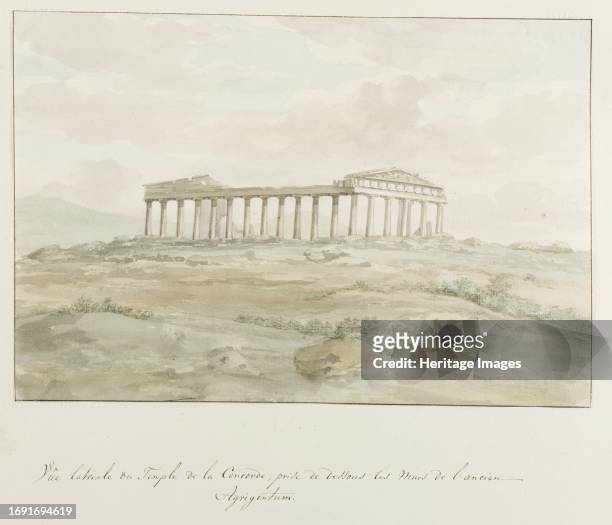 Side view of the Temple of Concordia within the walls of Ancient Agrigento, 1778. Drawing from the album 'Voyage to Italy, Sicily and Malta'....