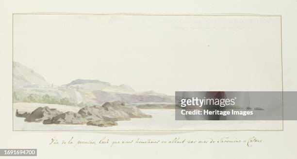 View of the coast at Taormina with lava stream, 1778. First time the travel group sees Lava when they sail past the coast of the Catania region at...