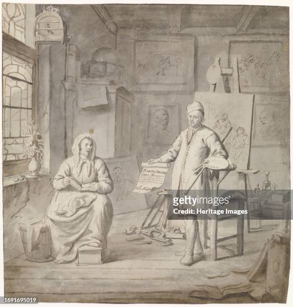 The painter Michiel Comans and his third wife Elisabeth van der Mersche in his studio, 1655-1705. Comans was also a textile merchant and...