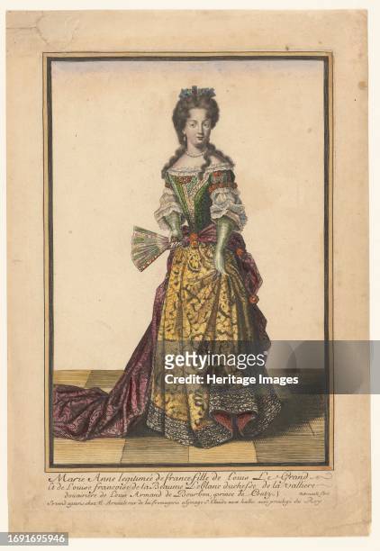 Marie Anne Légitimée de France, Fille de Louis Le Grand, circa 1685. Wearing gold dress with red over-skirt and train, fan in right hand, hair in...