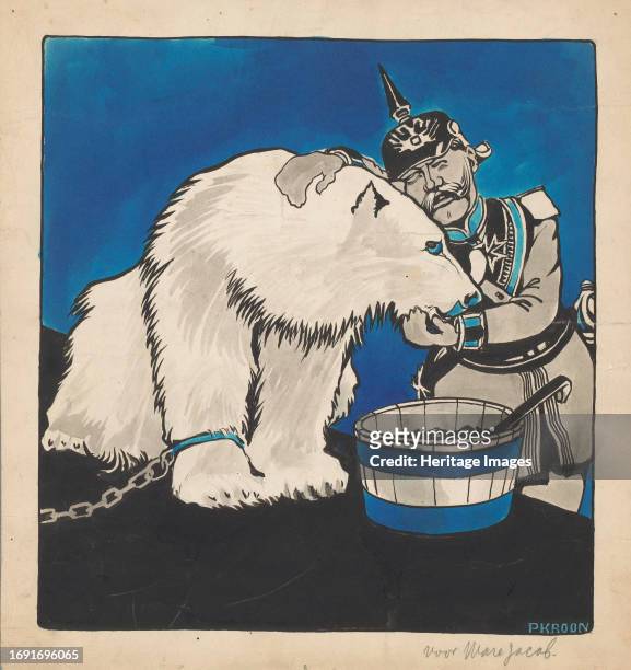 Germany and Russia, 1920-1930. A German soldier hugs a chained bear crying. Design for a political cartoon in the magazine 'De Ware Jacob'. Creator:...