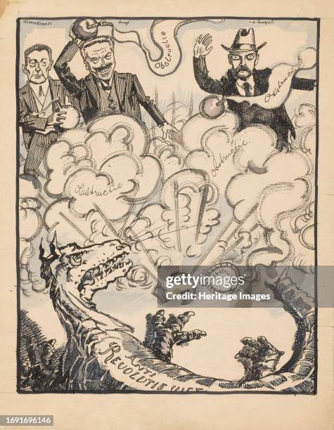 Obstruction against the anti-revolution law, 1920-1930. Social-democratic politicians throw bombs at a dragon referred to as 'Anti Revolution Law'....