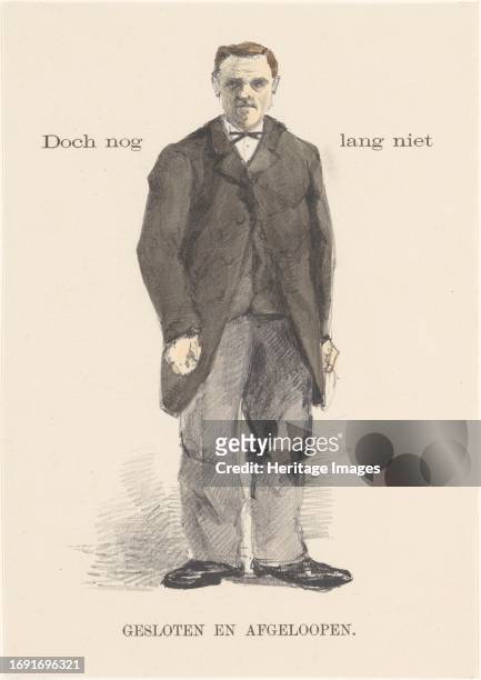 Standing man in overcoat, 1878-1917. Text: 'Doch nog lang niet gesloten en afgeloopen'. . Creator: Theo van Hoytema.