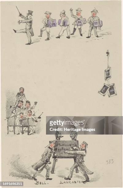 Menu with teachers and students, 1886. At the bottom two teachers 'Bell' and 'Lancaster' on either side of a blackboard with cats. On the right are...