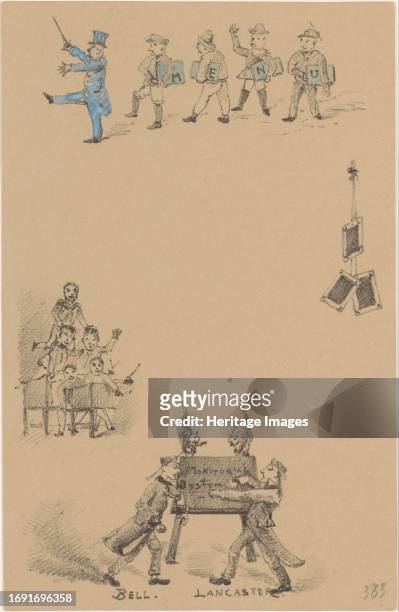 Menu card with teachers and students, 1878-1917. At the bottom two teachers 'Bell' and 'Lancaster' on either side of a blackboard with cats. On the...