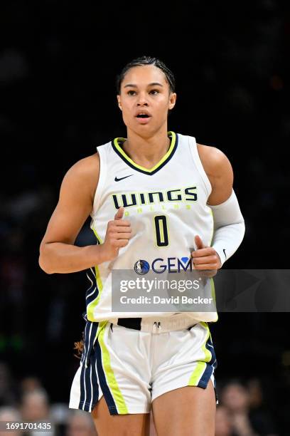 Satou Sabally of the Dallas Wings looks on during the game against the Las Vegas Aces during round two game two of the 2023 WNBA Playoffs on...