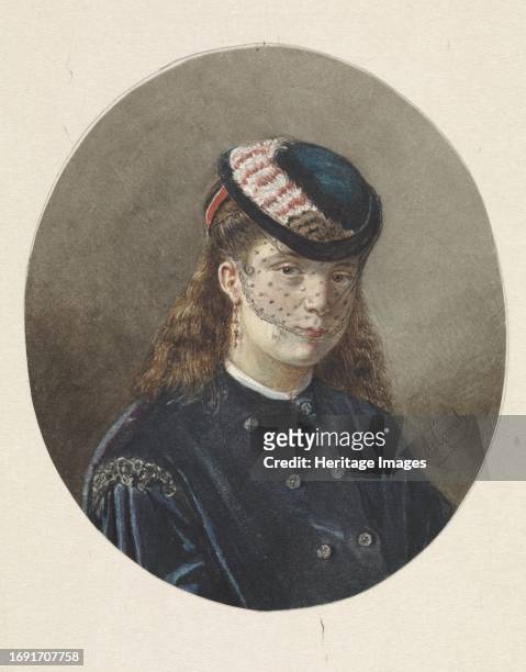 Portrait of a young woman in a veiled hat, 1838-1899. Creator: Joseph de Groot.