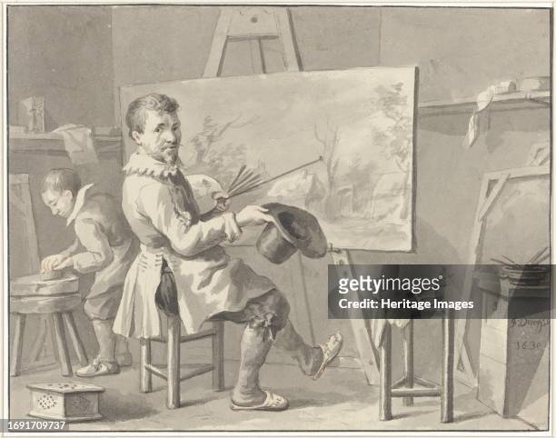 Portrait of Joost Corneliszn. Droochsloot in his studio sitting behind an easel with a landscape, 1780-1848. Creator: Martinus Schouman.