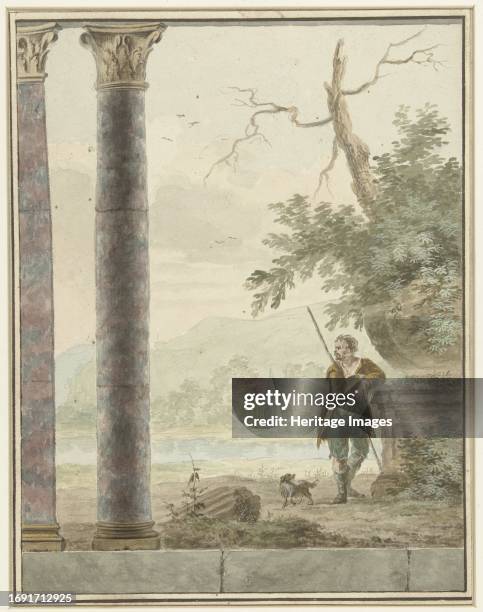 Design for room painting with river landscape, 1700-1800. In the foreground a tramp leans on an overgrown urn. Corinthian column and pilaster....