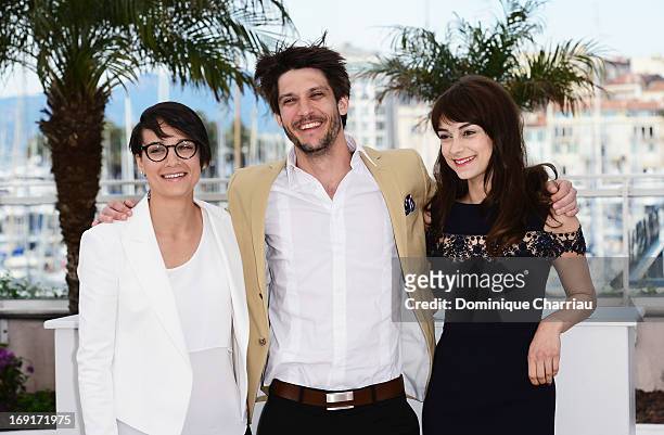 Director Chloe Robichaud, actor Jean-Sebastien Courchesne and actress Sophie Desmarais attend the photocall for 'Sarah Prefere La Course' during The...