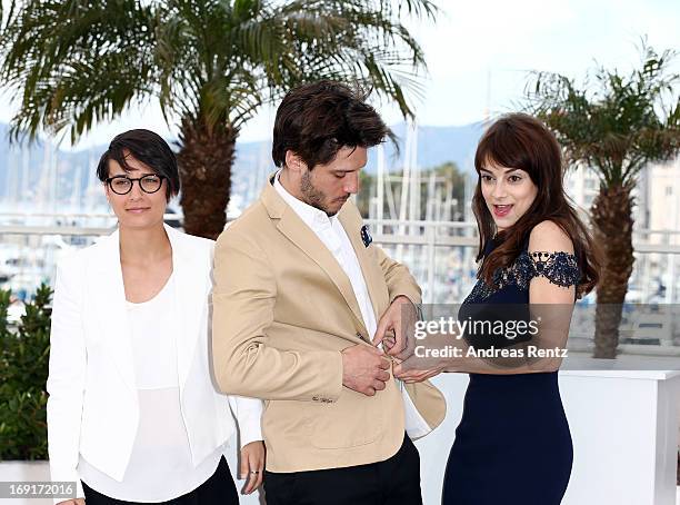 Director Chloe Robichaud, actor Jean-Sebastien Courchesne and actress Sophie Desmarais attend the 'Sarah Prefere La Course' Photocall during The 66th...