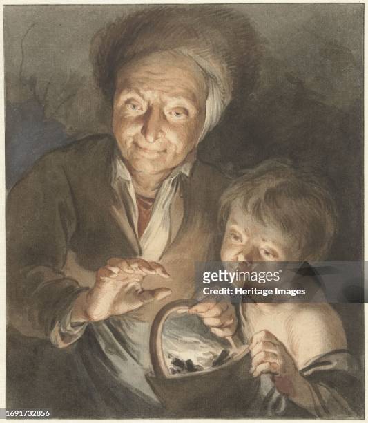 Old woman with child and chafing dish, 1734. Creator: Jacob de Wit.