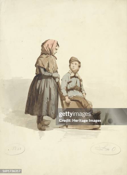 Girl pushes a boy into a sled, 1836-1915. Creator: Johannes Eugel Masurel.