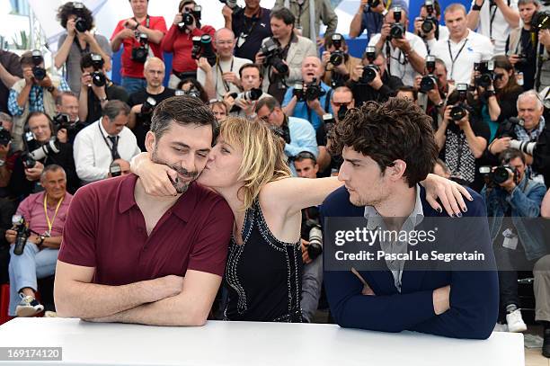 Actor Filippo Timi, director Valeria Bruni Tedeschi and actor Louis Garrel attend the 'Un Chateau En Italie' Photocall during The 66th Annual Cannes...