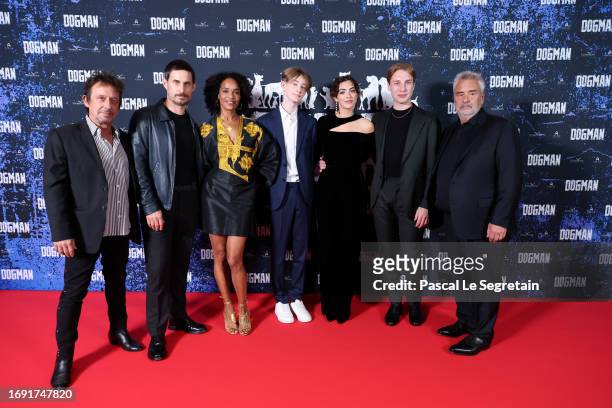 Eric Serra, Clemens Schick, Virginie Besson-Silla, Lincoln Powell, Grace Palma, Alexander Settineri and Luc Besson attend the "Dogman" premiere at...