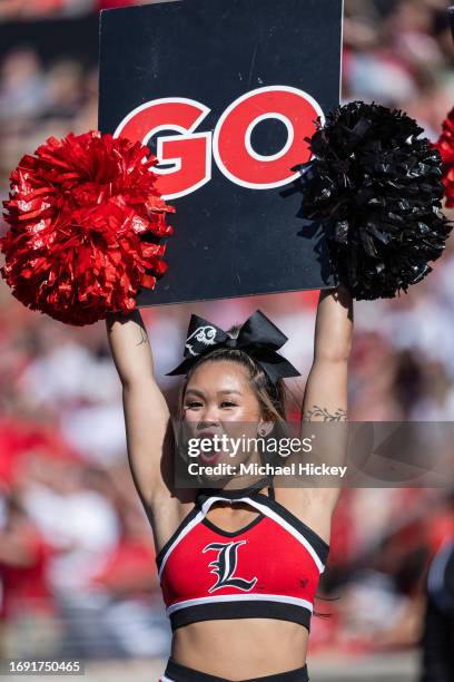 Louisville Cardinals cheerleader is seen during the game against the Boston College Eagles at Cardinal Stadium on September 23, 2023 in Louisville,...