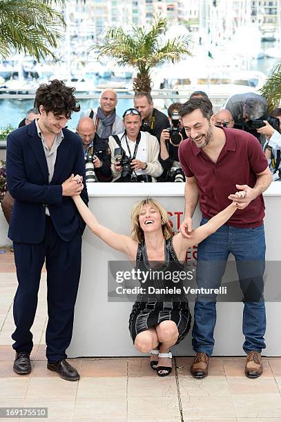Actor Louis Garrel, director Valeria Bruni Tedeschi and actor Filippo Timi attend the photocall for 'Un Chateau En Italie' during The 66th Annual...