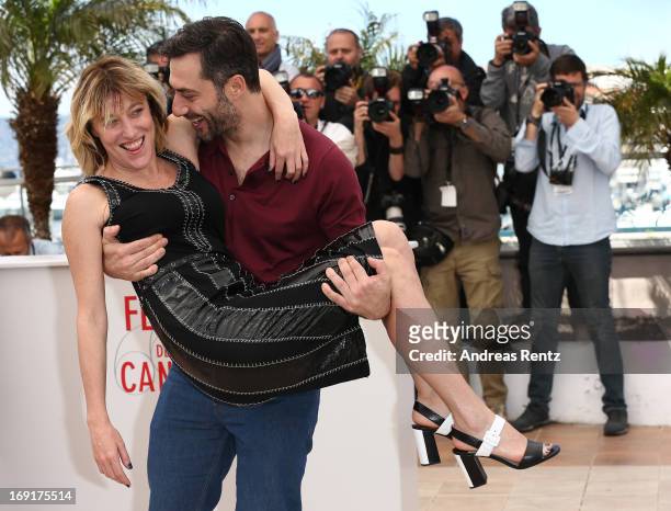 Actress Marisa Borini, director Valeria Bruni Tedeschi and actor Filippo Timi and attend the 'Un Chateau En Italie' Photocall during The 66th Annual...