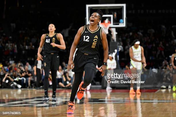 Chelsea Gray of the Las Vegas Aces celebrates during the game against the Dallas Wings during round two game two of the 2023 WNBA Playoffs on...