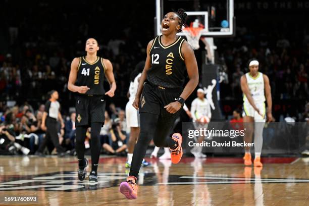 Chelsea Gray of the Las Vegas Aces celebrates during the game against the Dallas Wings during round two game two of the 2023 WNBA Playoffs on...