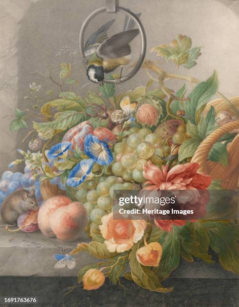 Still Life with Flowers, Fruit, a Great Tit and a Mouse, circa 1700Creator: Herman Henstenburgh.