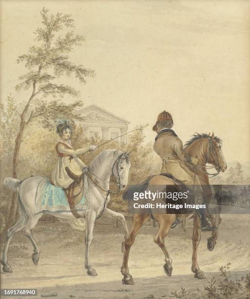 Man and a woman on horseback on a country road, 1802. Creator: Johannes Vinkeles.