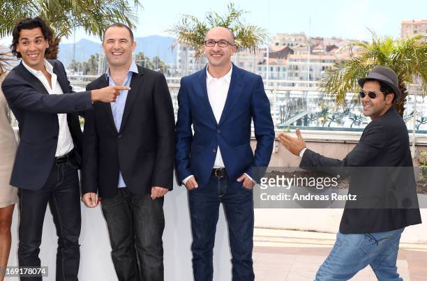 Actor Tewfik Jallab, director Mohamed Hamidi and actors Fatsah Bouyahmed and Jamel Debbouze attend the 'Ne Quelque Part' Photocall during The 66th...
