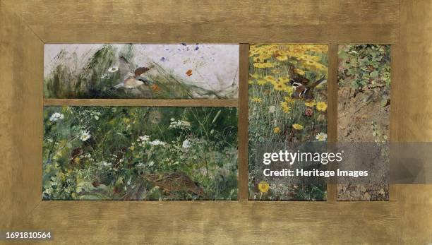 Four Bird Studies, Red-Backed Shrike, Corncrake, Chaffinches, Willow Warbler, circa 1890s. Creator: Bruno Liljefors.