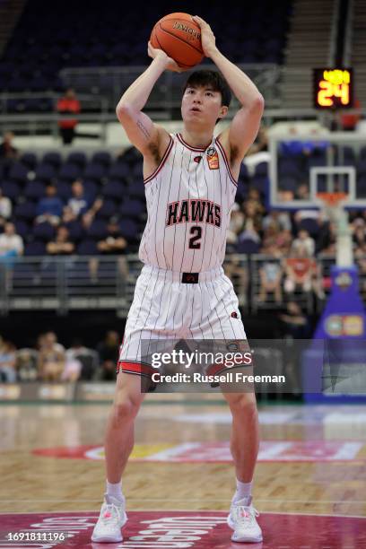 Hyunjung Lee of the Hawks shoots from the free throw line during the 2023 NBL Blitz match between Brisbane Bullets and Illawarra Hawks at Gold Coast...