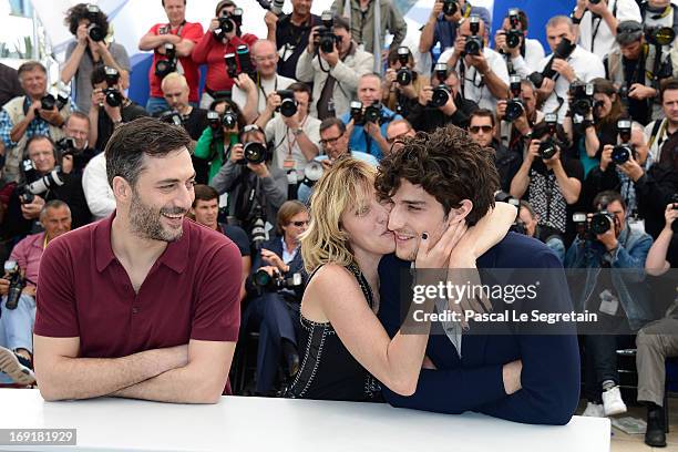 Actor Filippo Timi, director Valeria Bruni Tedeschi and actor Louis Garrel attend the 'Un Chateau En Italie' Photocall during The 66th Annual Cannes...