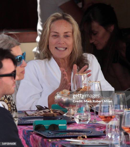 Sharon Stone has lunch aboard Roberto Cavalli's yacht during The 66th Annual Cannes Film Festival on May 21, 2013 in Cannes, France.