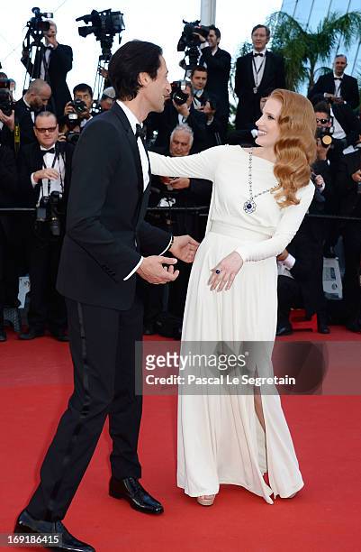 Adrian Brody and Jessica Chastain attend the 'Cleopatra' premiere during The 66th Annual Cannes Film Festival at The 60th Anniversary Theatre on May...